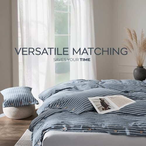 100% Washed Cotton Striped Twin Duvet Cover Set with Coconut Buttons