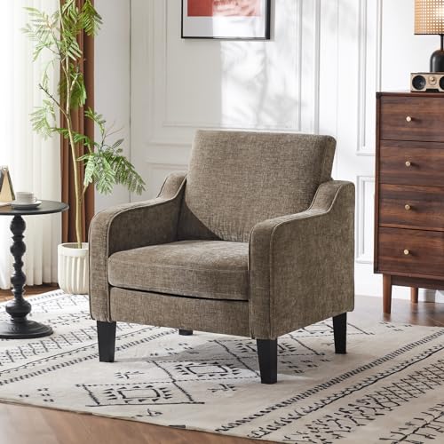 Chenille Upholstered Accent Chair with Solid Wood Legs for Living Room