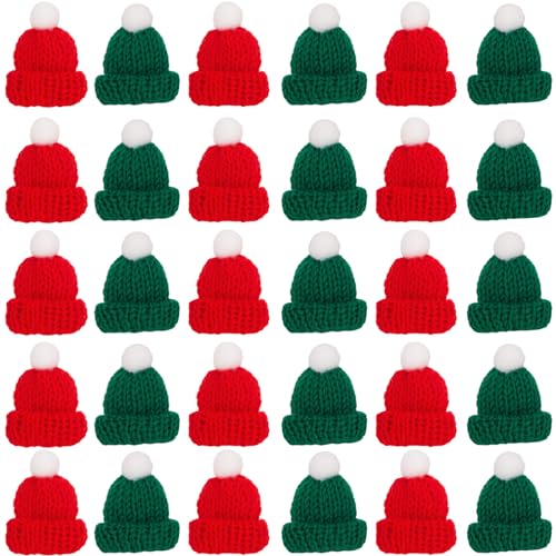 Mini Knit Santa Hats for Crafts - 30 Pieces, Red & Green, 2 Inch