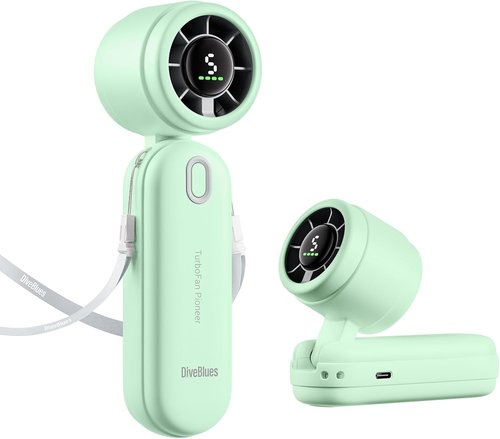 Diveblues Mini Portable Turbo Fan - 12H Max Cooling, 4000mAh Battery, 3-in-1 Handheld/Neck/Desktop Fan