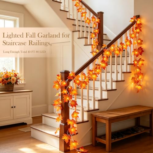 4-Pack Lighted Fall Maple Leaf Garland - 40ft 80 LED Battery Powered Decor