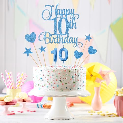 10th Birthday Cake Decoration Set with Number 10 Candle and Glitter Toppers