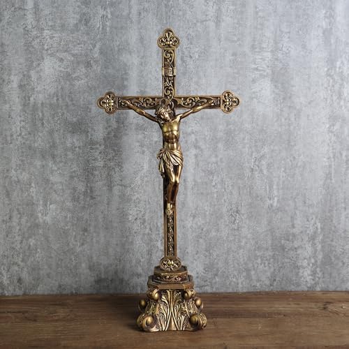 Standing Crucifix for Altar, 14.7-Inch Resin Tabletop Cross Decor