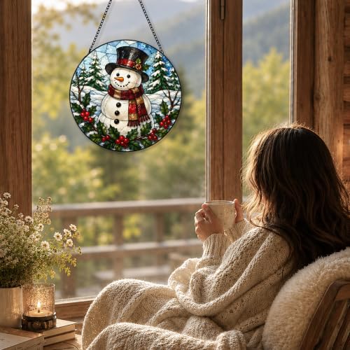 FZSZSD Snowman 9 Winter Glass Suncatcher - 7.8 x 7.8 inch Rustic Holiday Window Decor