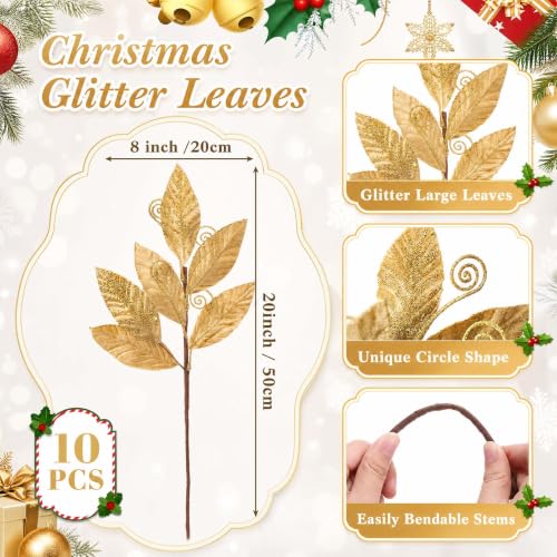 Janinka Gold Velvet Glittered Leaf Picks, 10 Pcs - Christmas Spray Artificial Branches