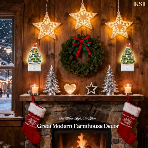 IKSII 2 Pack Ceramic Christmas Tree Night Lights, 6.3" Plug-In, 360° Swivel, Vintage Nostalgic Warm White Light