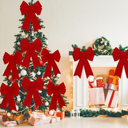 12ct Large 9x12 in Red Christmas Bows with Gold Wire - Indoor/Outdoor PVC Velvet Gift Decor