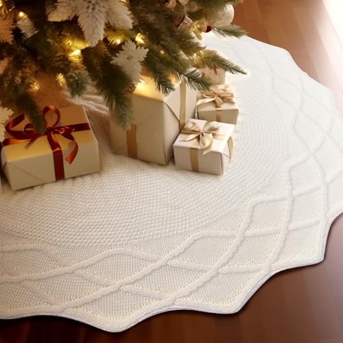48-Inch Cable Knit Christmas Tree Skirt, Thick Rustic Holiday Decor, White