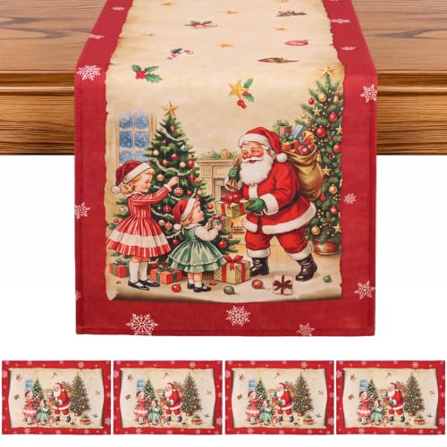 5 Pack Red Vintage Santa Christmas Table Runner and Placemats Set