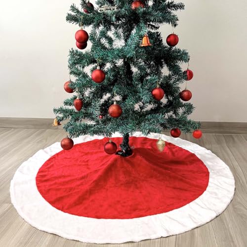 Red and White Christmas Tree Skirt 48 Inch Faux Fur Xmas Decoration - APAEAT