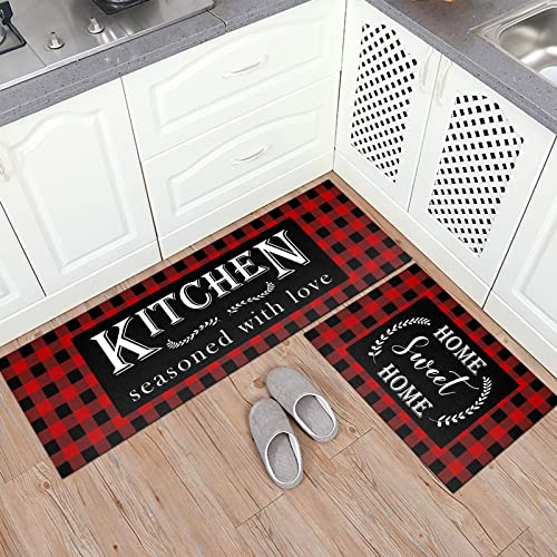 Red Buffalo Plaid Kitchen Mat Set of 2, Non-Slip Cushioned Floor Rugs