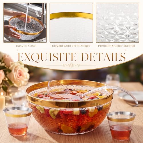 1.4 Gallon Gold Trim Punch Bowl Set with 25 Cups, Ladle and Tongs