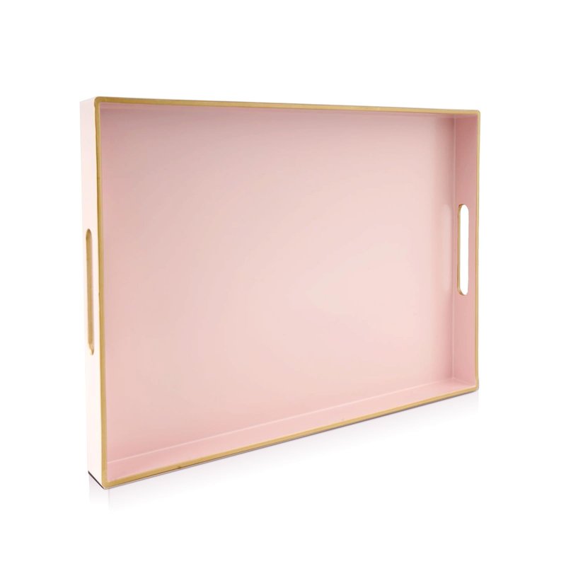 Gifturbo Pink Large Serving Tray with Handles，Rectangular Plastic Elegant Decorative Coffee Table Tray for Ottoman, Living Room, Bathroom, Home Decor, Vanity Trays with Gold Trimming, 15.7” x 11.8”