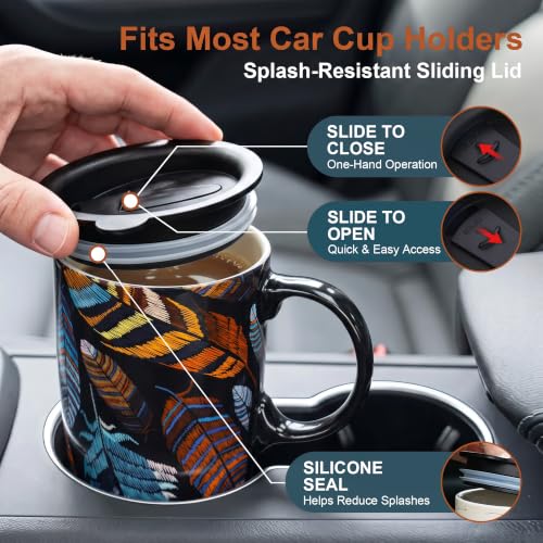 Black Topadorn 17oz Ceramic Travel Mug with Lid - Feather Art Coffee Cup
