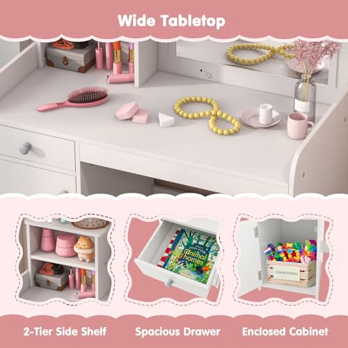 Kids Vanity Set with Lighted Mirror, Chair, and Storage - White Wooden Desk