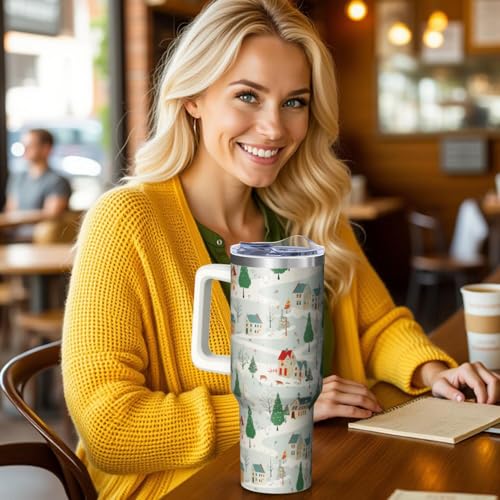 40oz Winter Village Tumbler with Handle & Straw - Insulated Mug, Holiday Gift