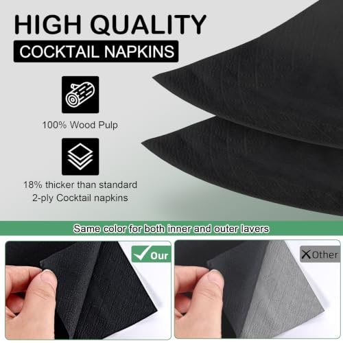Kouorao Black Disposable Cocktail Napkins 800 Pack - 2-Ply 4.5 x 4.5 Inch For Parties & Events
