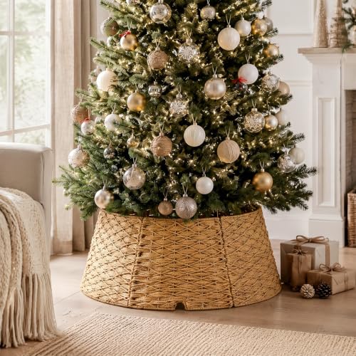 Poen 42 Inch Woven Rattan Christmas Tree Collar Khaki — Handwoven, Adjustable