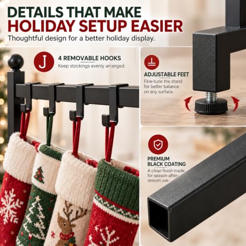 Christmas Stocking Holder Stand with 4 Hooks, Freestanding Metal Rack, 42" Tall
