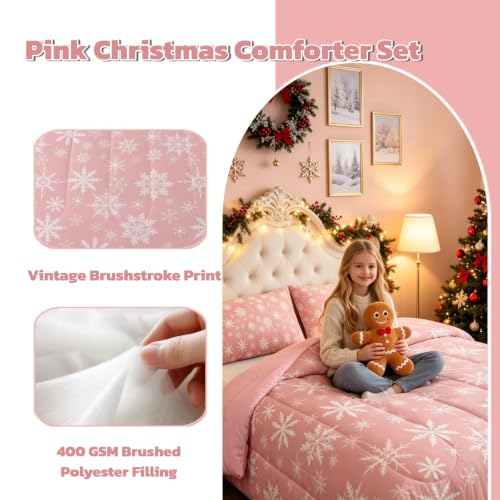 Erosebridal Christmas Comforter Set Queen - Pink Snowflake 3D Print, 90x90