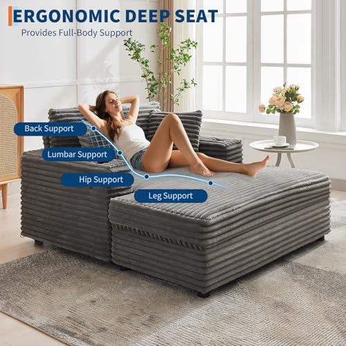 60-Inch Oversized Corduroy Chaise Lounge Chair with Charging Station & Cup Holders