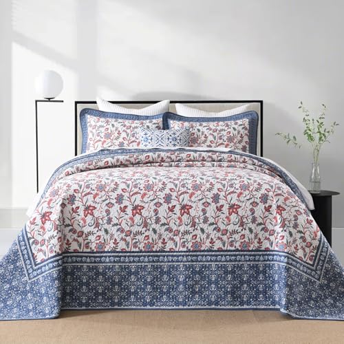 Oversized King Bedspread Set - 100% Cotton Reversible Floral Quilt (3 Pcs)