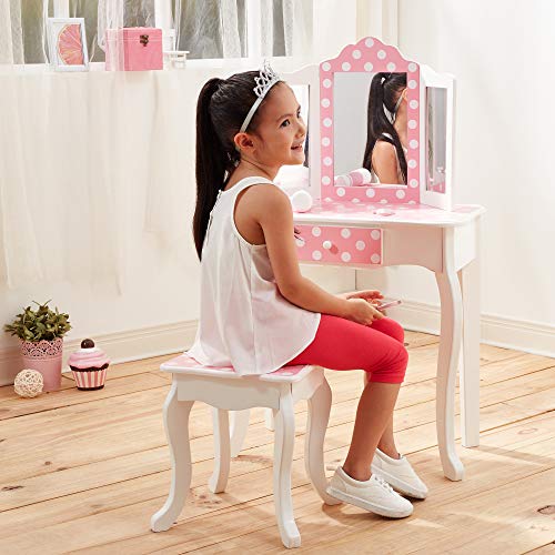 Kids Wooden Play Vanity Set with Tri-Fold Mirror, Drawer, and Matching Stool