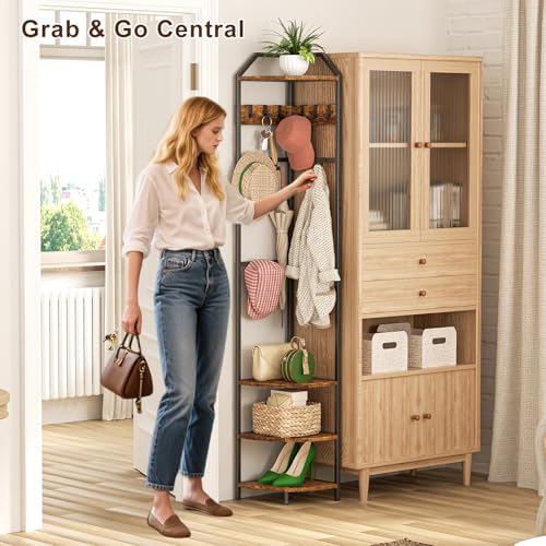 Corner Hall Tree with 10 Movable Hooks and Adjustable Shelves