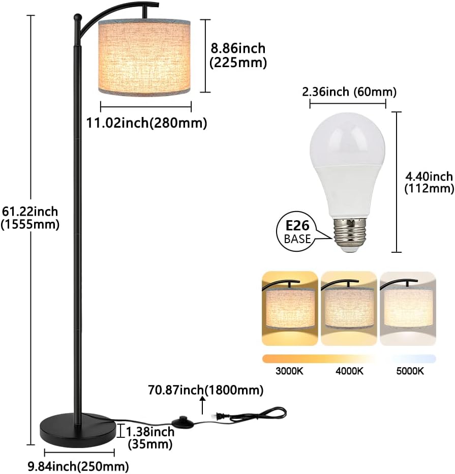 ROTTOGOON Floor Lamp - Tall Industrial Design with 3 Color Temperatures, Beige Lampshade Included | Perfect for Living Room, Bedroom, Office