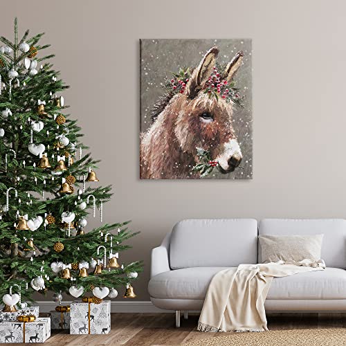 48x36 Inch Winter Donkey Snow Falling Canvas Wall Art - Farmhouse Holiday Decor