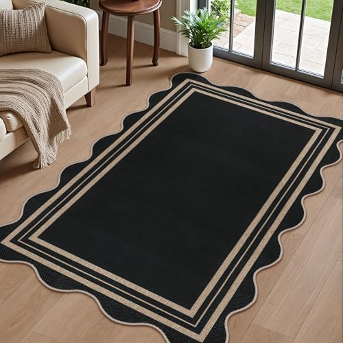 Scalloped Jute-Look 3x5 Area Rug, Non-Slip Washable Indoor Outdoor Mat