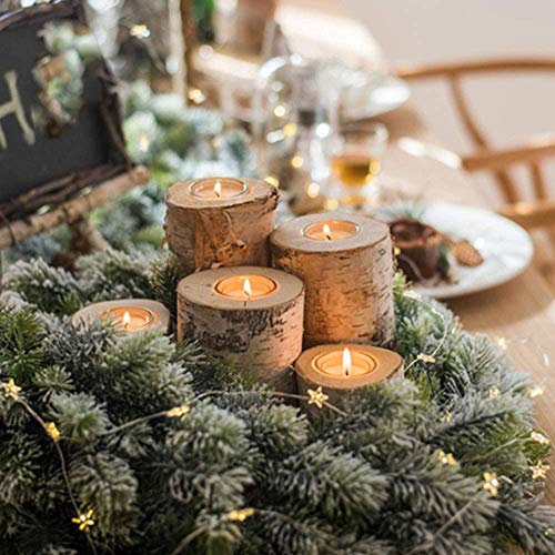 Natural Birch Wood Tealight Candle Holders - Set of 4 Rustic Log Decor
