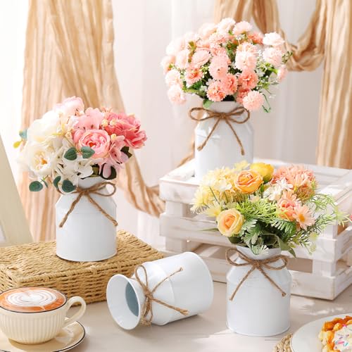 Domensi 12 Pcs Farmhouse Metal Flower Vase, White – 5.12x3.74x3.27in, Waterproof Zinc Coated Milk Cans