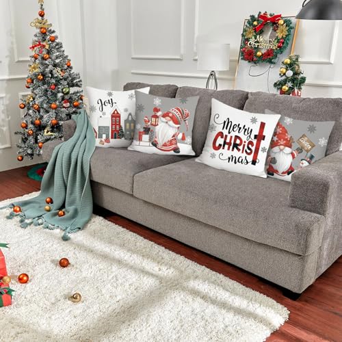 Bonhause Christmas Gnomes & Snowflakes 18x18 Inch Holiday Throw Pillow Covers Set of 4 - Grey & Red Winter Decor