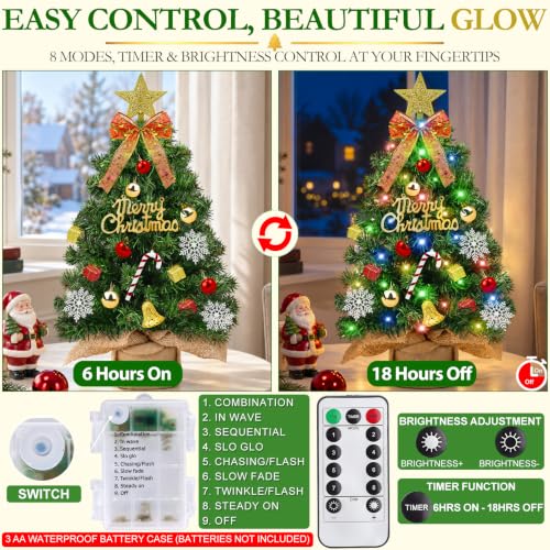 TURNMEON 2ft Tabletop Christmas Tree with Lights, Burlap Base, 24" Mini Xmas Tree