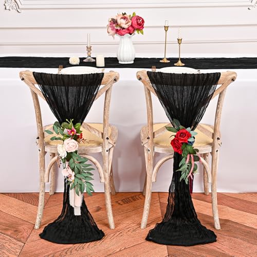 FXKS 12 Pack Black Cheesecloth Table Runner 20 x 120 in - Wrinkled Gauze, Hand Washable