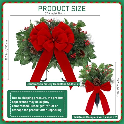 Daifunli 3-Pcs Christmas Cemetery Flowers with Red Bows Pine (Pine Variation)