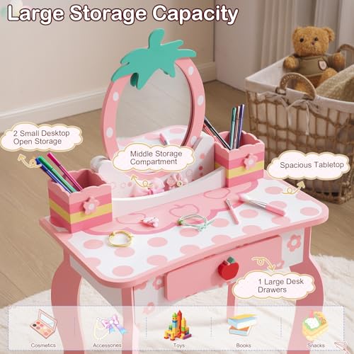 Kids Vanity Table and Chair Set with Fruit Print and Storage