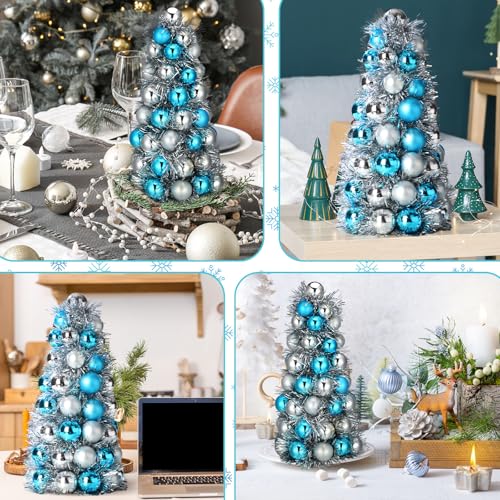 Cinnvoice 11-Inch Teal Blue Tabletop Christmas Tree with 62-Piece Silver & Blue Ornaments