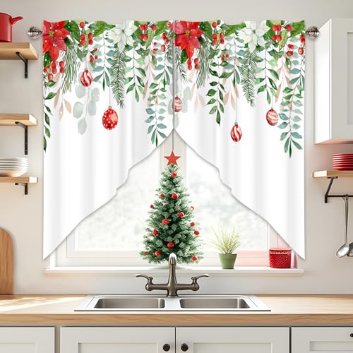 AYTTBIS Christmas Green Leaves Swag Valances for Windows 36x36 in - Pack of 2