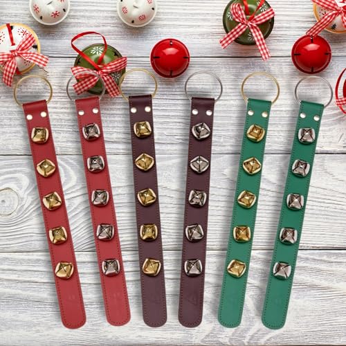 Leather Sleigh Bell Door Hanger with 5 Brass Bells for Holiday Decor