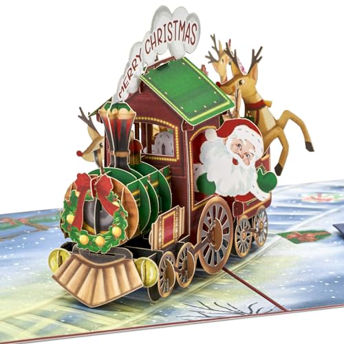 POPWOW Christmas Train Pop Up Card - Santa Reindeer 3D Xmas Greeting Card with Envelope & Note - 5x7