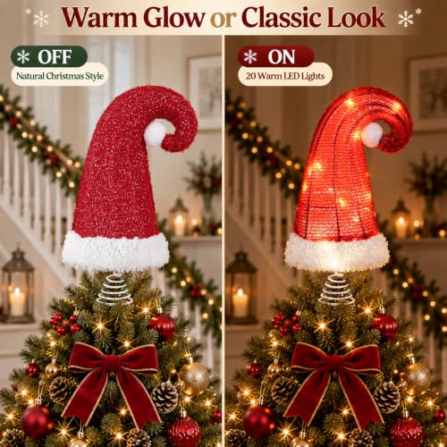Okaerm Red 8-Inch Lighted Santa Hat Tree Topper with Spring Base - Christmas Ornament