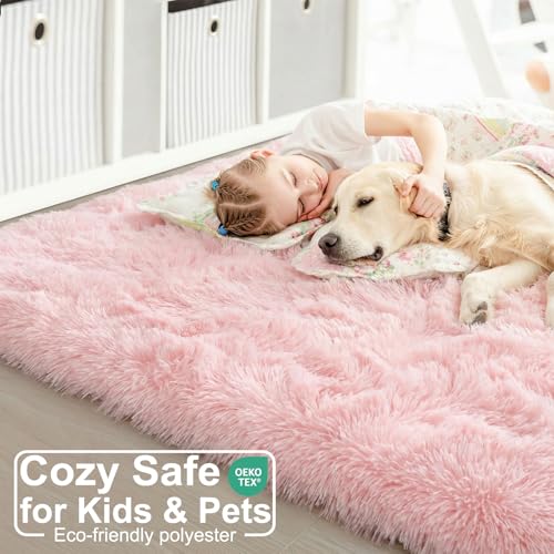 Light Pink Fluffy Area Rug (4x6) - Soft Plush Shag Carpet for Kids Bedroom