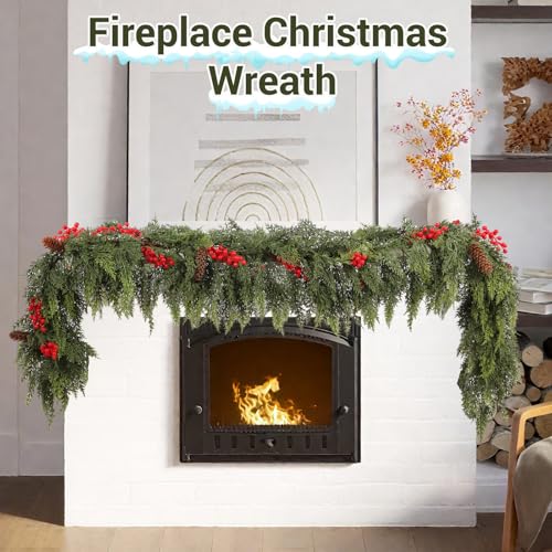 Senksll 6ft Artificial Cedar Garland with Red Fruits and Pine Cones Holiday Decor
