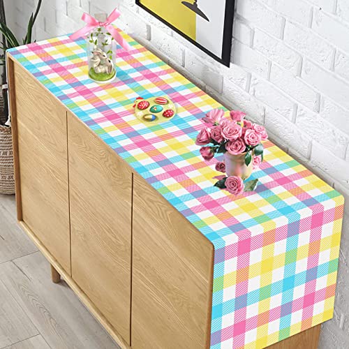 Buffalo Plaid Table Runner 13 x 72 in Linen Look, FJPT Easter Blue Pink Yellow