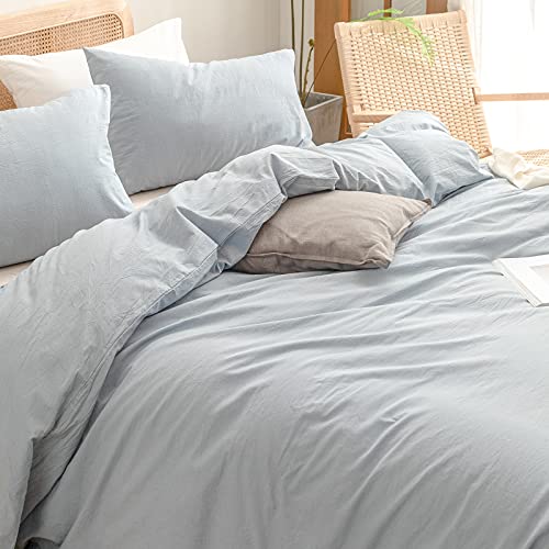 100% Washed Cotton Duvet Cover Set - Queen, Cornflower Blue (3-Piece)