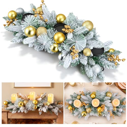 Hotop 27-Inch Christmas Candle Holder Centerpiece with Gold & Silver Balls, Snow-Flocked Pine Branches, and 3 Metal Candleholders - Holiday Table Decor