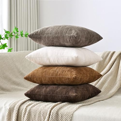 Set of 4 Chenille Throw Pillow Covers 18x18 Inch, Textured Farmhouse Style