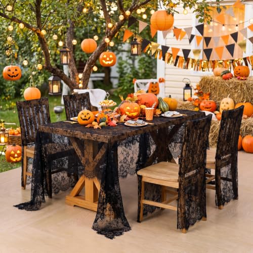 QueenDream Black Lace Tablecloth 10FT Rectangle Wedding Overlay 2 Pack - Floral Vintage Fabric for Events & Halloween